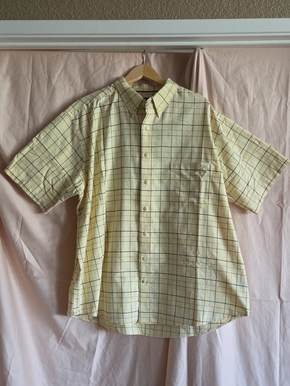 St. John's Bay Yellow and Navy Check Short-Sleeve Button-Down Shirt